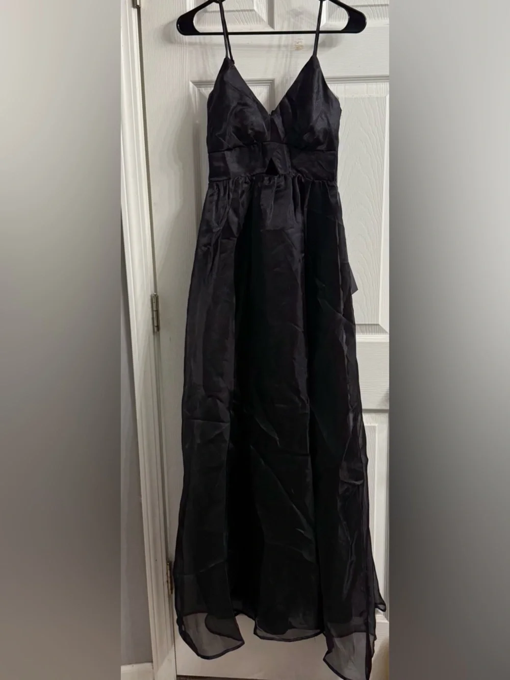 Lulu's Black Satin Maxi Dress with Front Keyhole and High Slit - Picture 5 of 7